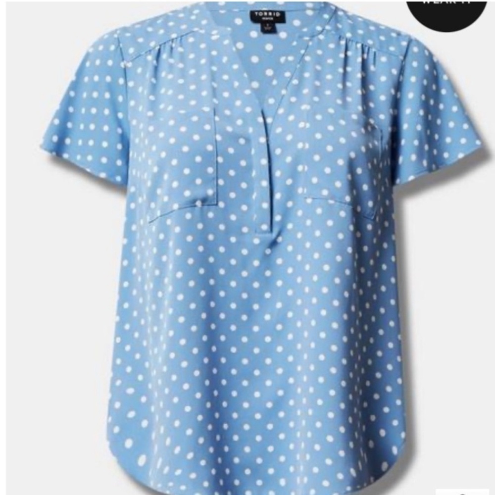Harper studio, flutter sleeves, blue with white polkadots